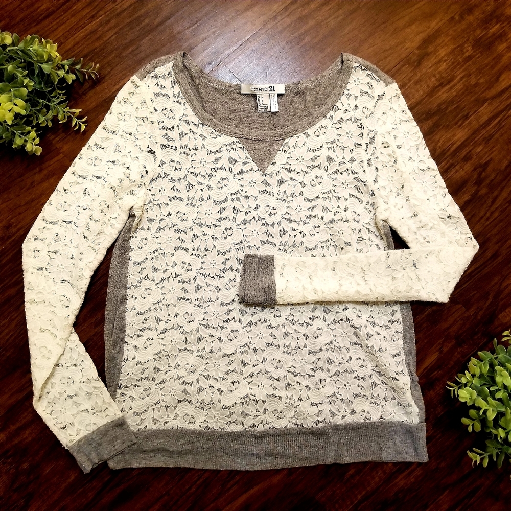 Forever 21 Lace Long Sleeve Shirt Grey / White L